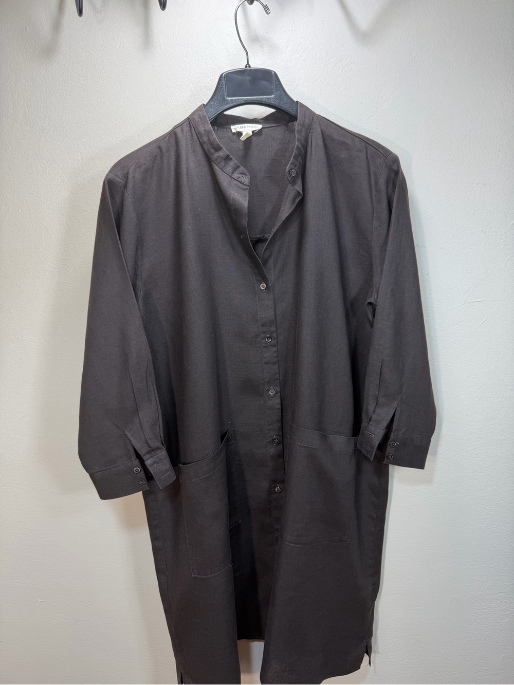 Eileen Fisher Dark Brown Long Button-Front Jacket 100% Linen